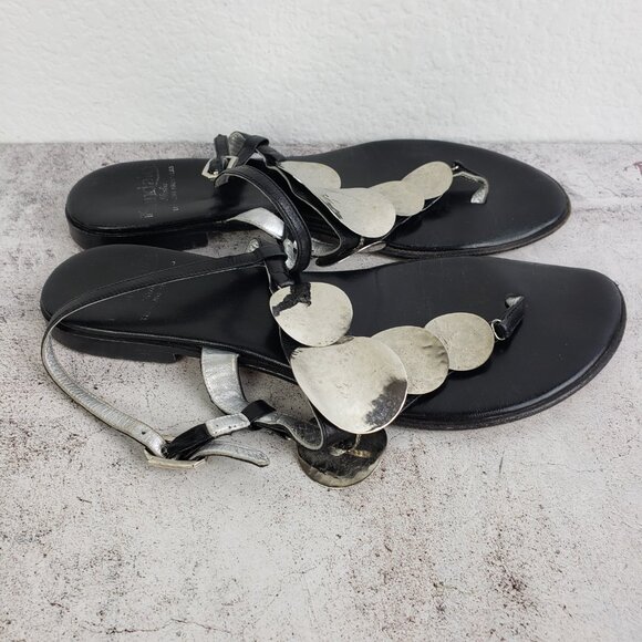 iL Sandalo Italia Black Leather Sandals Flats Hammered Metal size 37 Boho Resort - Picture 2 of 11